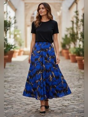 Bianca Women's 100% Silk Maxi Skirt Blue Black Floral Pockets Size 10